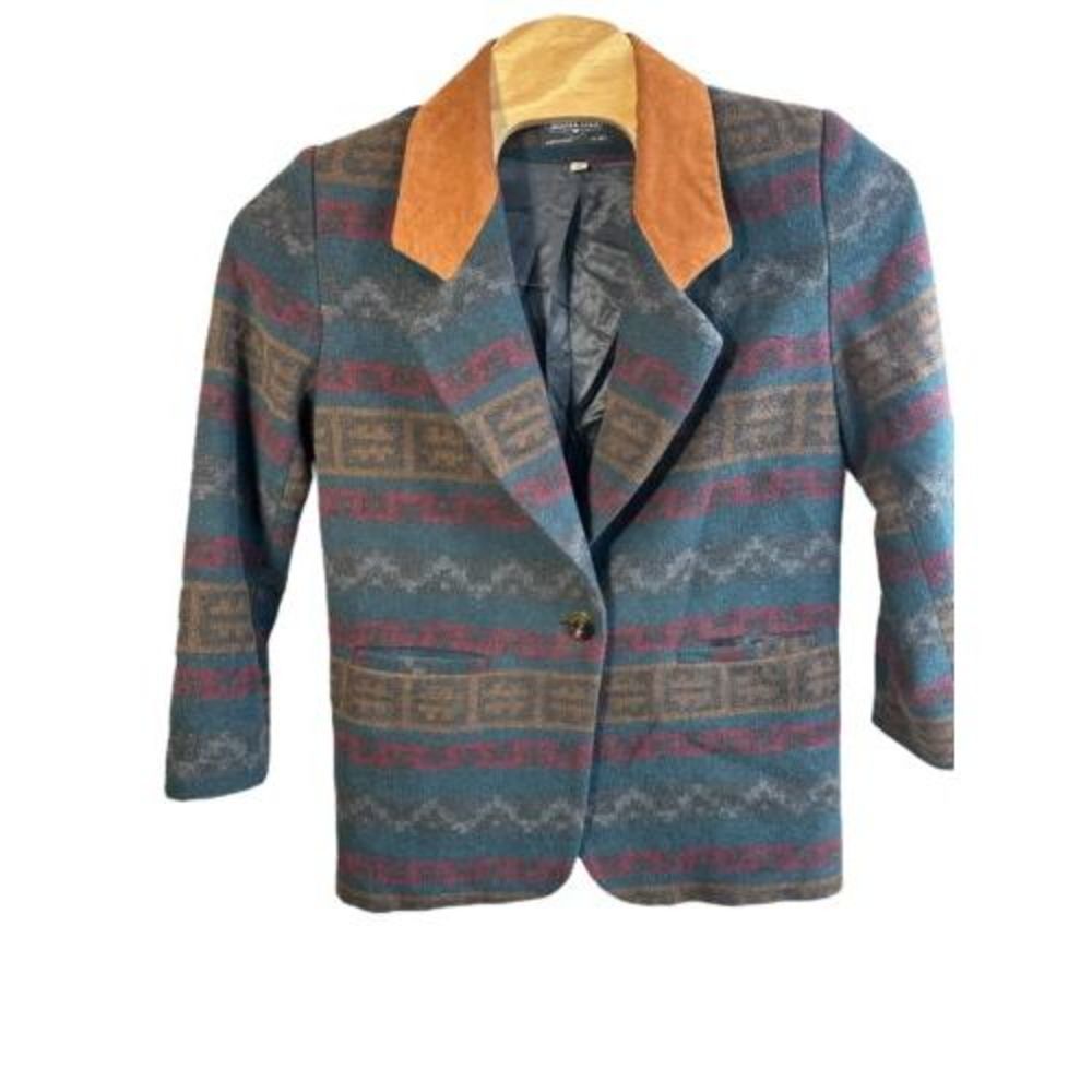 Vintage Braetan Coat Womens 10 Wool Blend Blue Aztec Single Button Jacket Suede